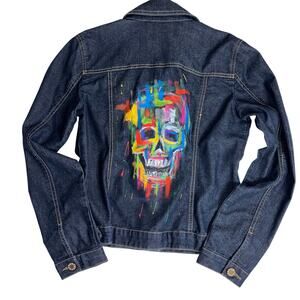 Baccini Hand Painted Skull Art Denim Jacket Womens S Rhinestone Buttons Y2K